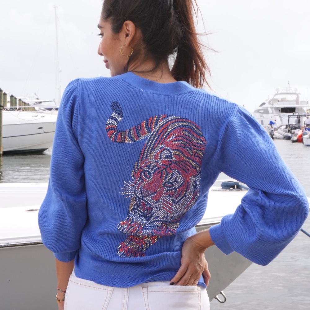 Blue Cardigan W/ Rhinestone Walking Tiger